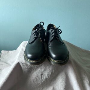 Dr. Martens Black Leather 3-Eye Derby Shoes with Yellow Stitching